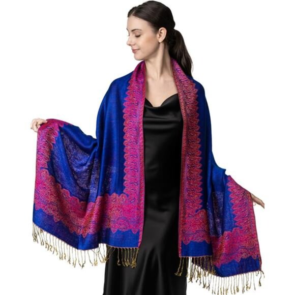 Elegant Reversible Paisley Shawl Wrap Scarf Blue Pink - Picture 2 of 6